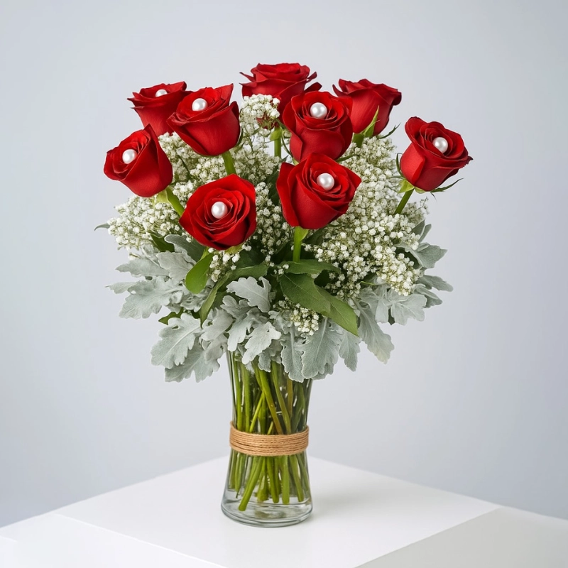 9 Roses In Vase Bouquet